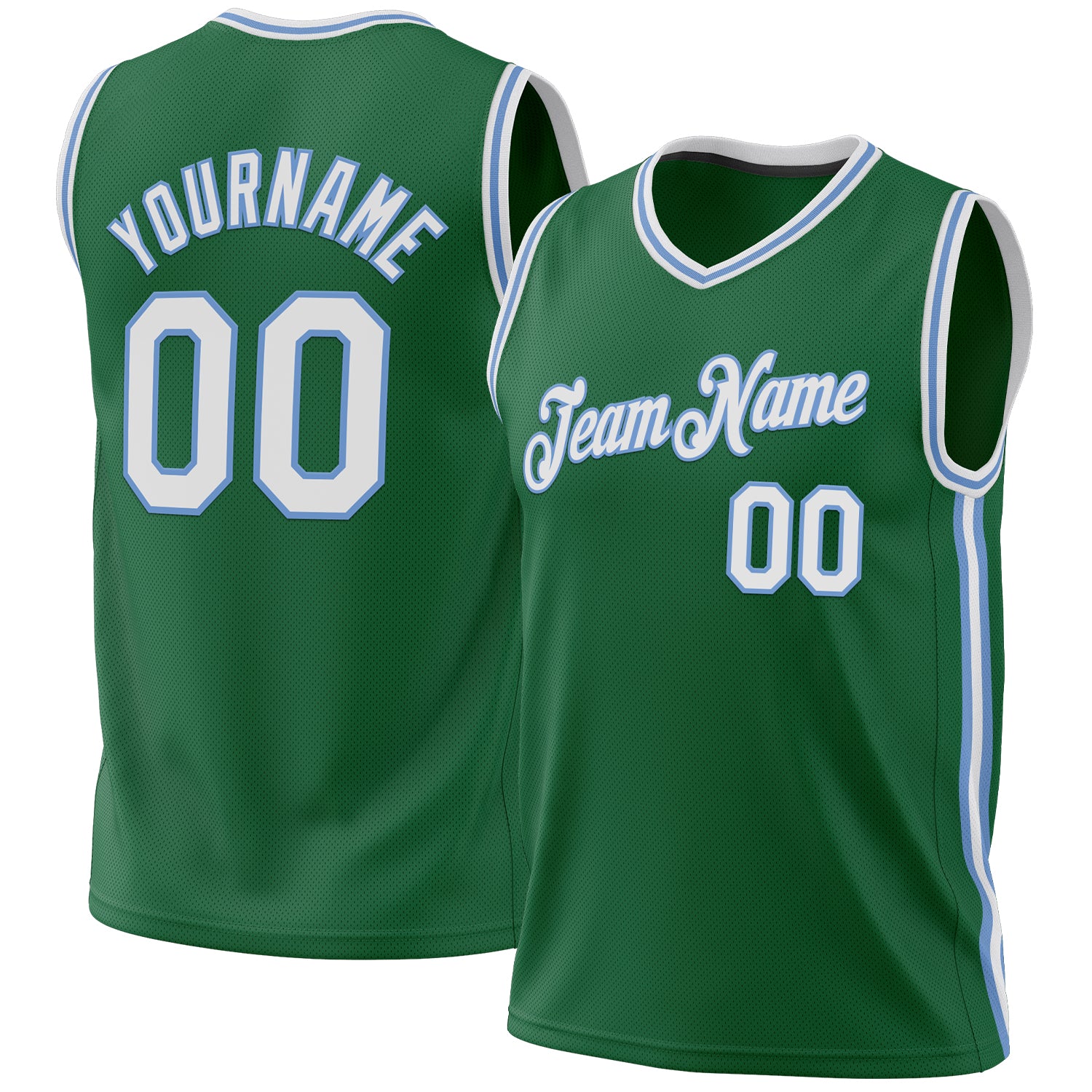 Personalized Kelly Green White-Light Blue Basketball Jersey - Authentic Throwback Design Personalized Kelly Green White-Light