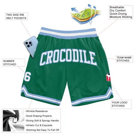 Personalized Kelly Green Light Blue Basketball Shorts - Authentic Throwback Style Personalized Kelly Green White-Light Blue