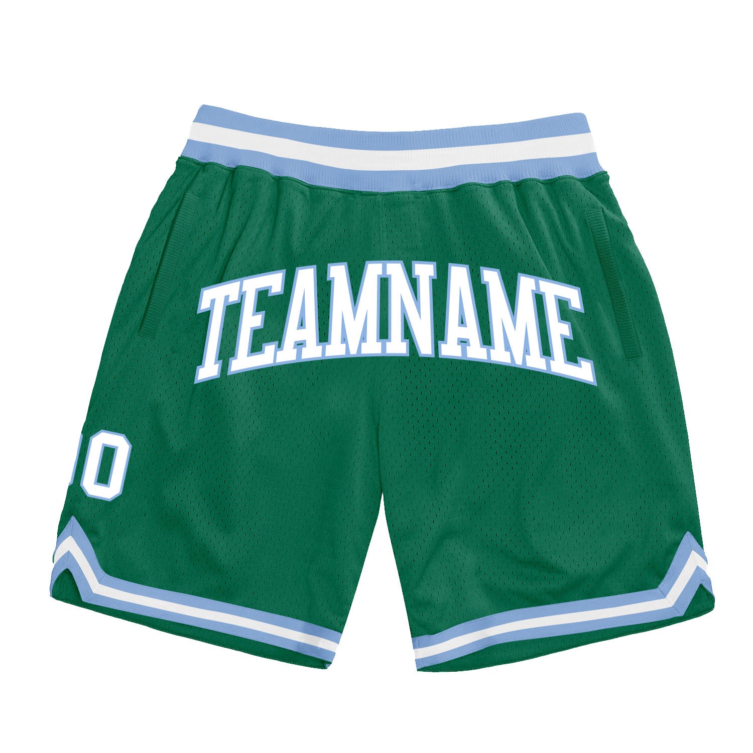 Personalized Kelly Green Light Blue Basketball Shorts - Authentic Throwback Style Personalized Kelly Green White-Light Blue