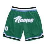 Custom Personalized Basketball Shorts with Name & Number in Kelly Green, White, & Light Blue - Authentic Throwback Style
