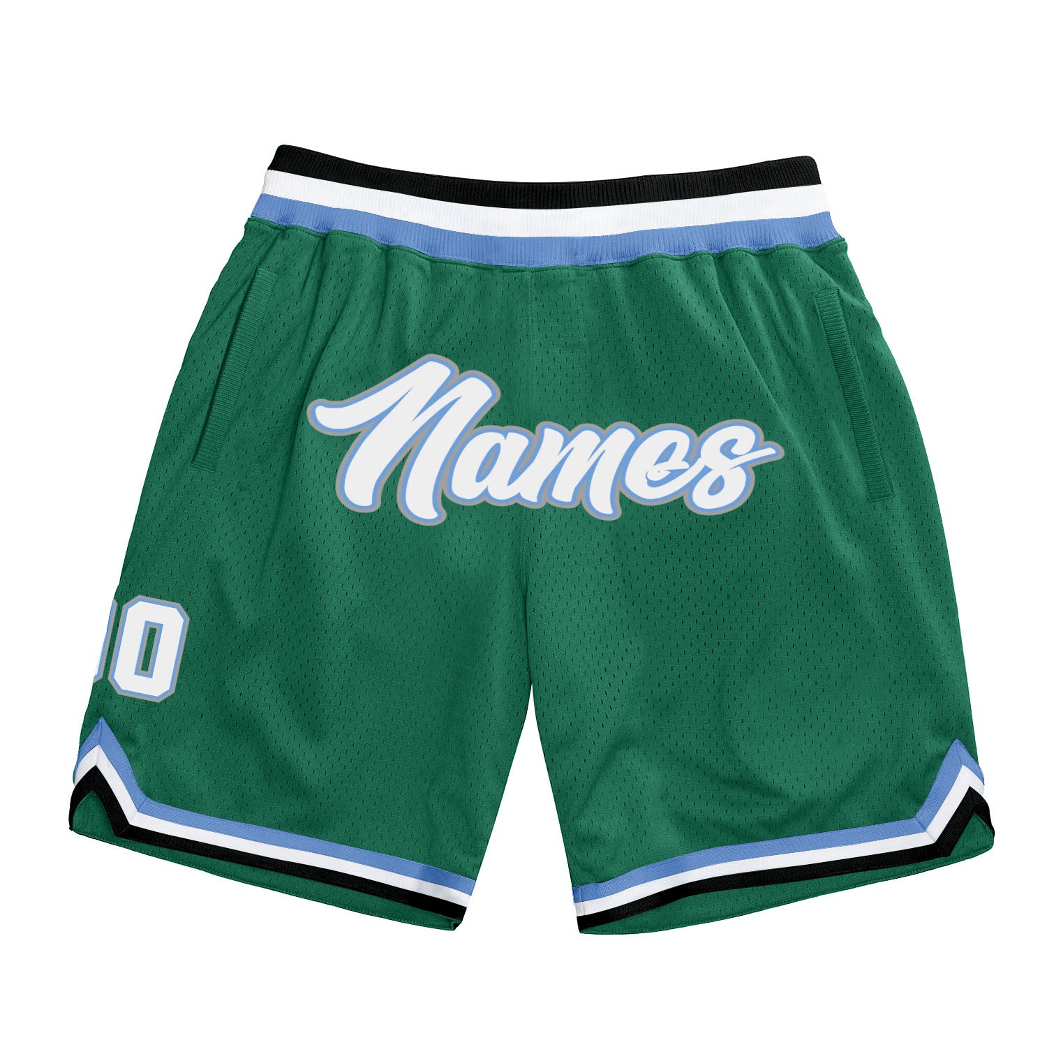 Custom Personalized Basketball Shorts with Name & Number in Kelly Green, White, & Light Blue - Authentic Throwback Style