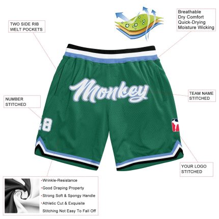 Custom Personalized Basketball Shorts with Name & Number in Kelly Green, White, & Light Blue - Authentic Throwback Style