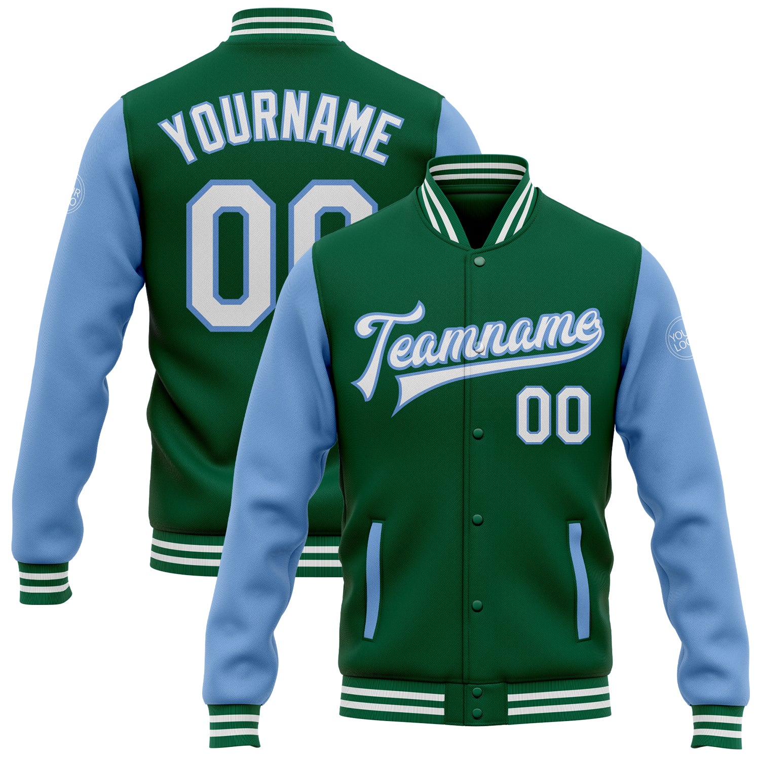 Custom Name Number Kelly Green White-Light Blue Two-Tone Varsity Letterman Bomber Full-Snap Jacket Personalized Kelly Green