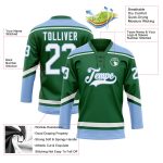 Custom Name and Number Personalized Kelly Green and Light Blue Hockey Jersey with Lace Neck Personalized Kelly Green White-Light