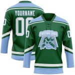 Custom Name and Number Personalized Kelly Green and Light Blue Hockey Jersey with Lace Neck Personalized Kelly Green White-Light