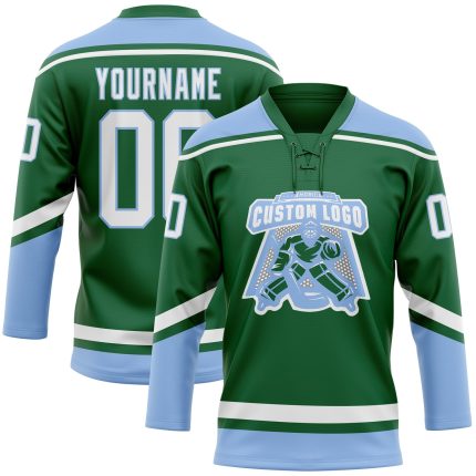 Custom Name and Number Personalized Kelly Green and Light Blue Hockey Jersey with Lace Neck Personalized Kelly Green White-Light
