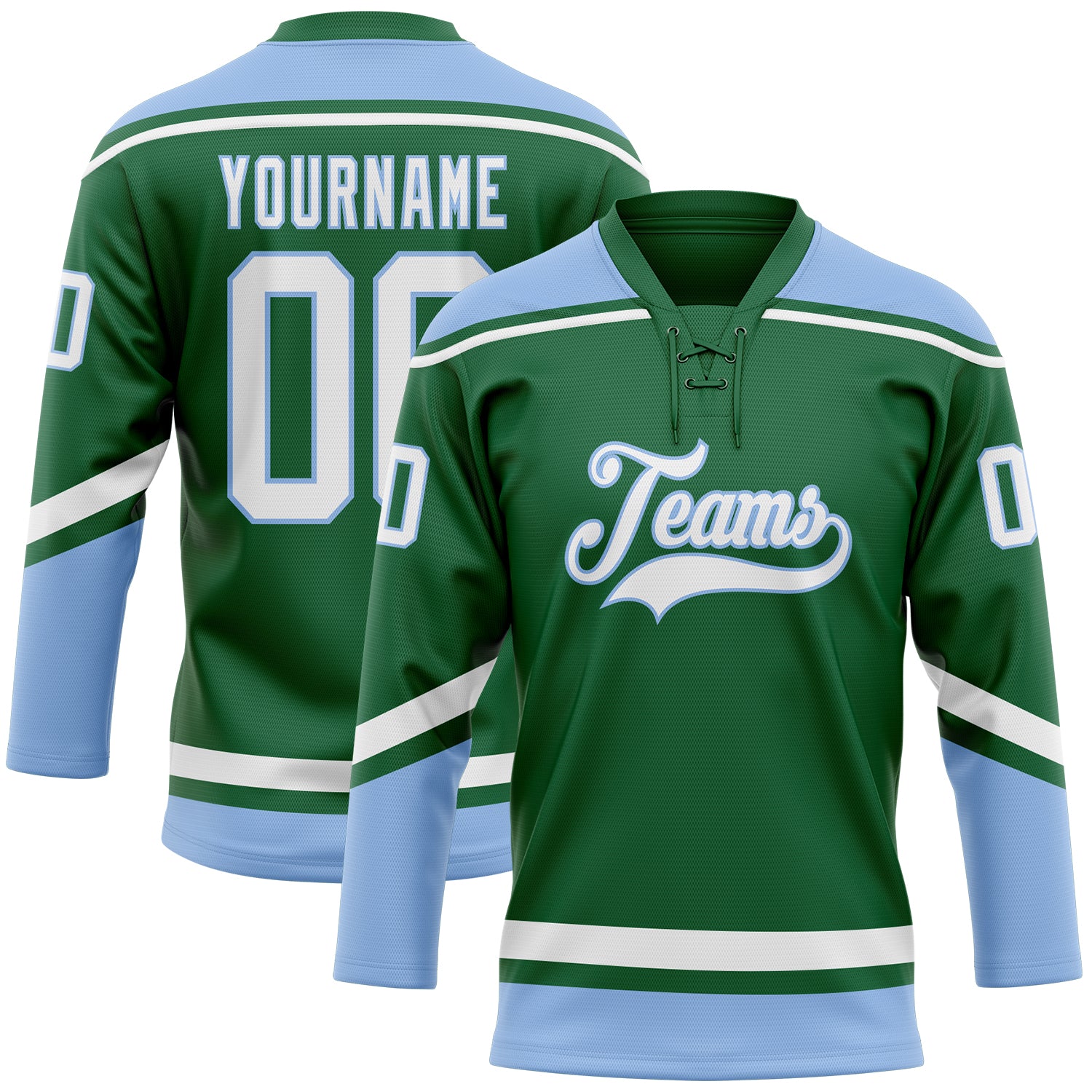 Custom Name and Number Personalized Kelly Green and Light Blue Hockey Jersey with Lace Neck Personalized Kelly Green White-Light