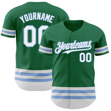 Customized Authentic Baseball Jersey with Your Name and Number - Kelly Green, White, Light Blue Lines Personalized Kelly