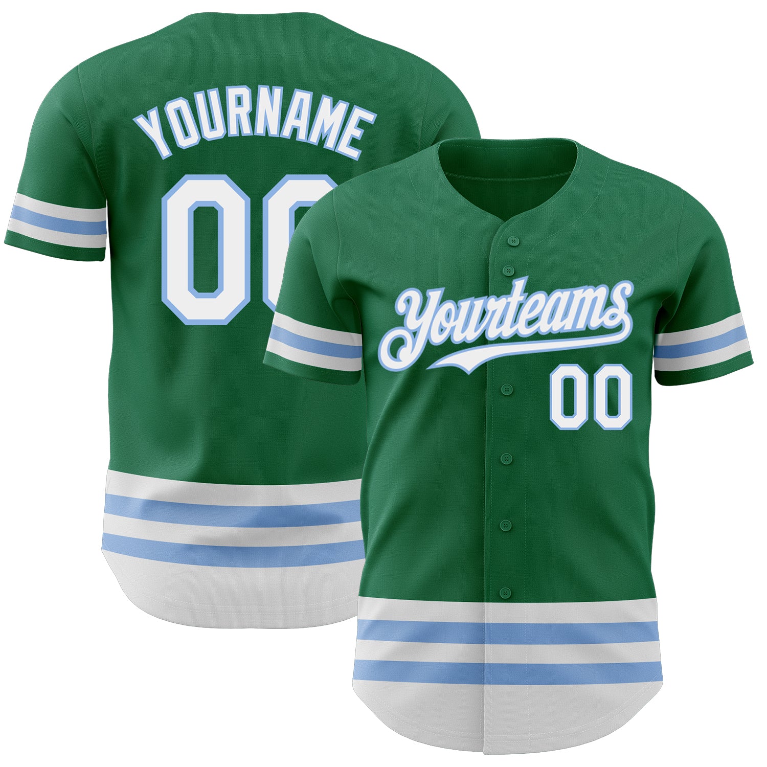 Customized Authentic Baseball Jersey with Your Name and Number - Kelly Green, White, Light Blue Lines Personalized Kelly