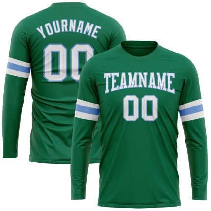 Custom Name Number T-Shirt - Long Sleeve Performance Tee, Kelly Green Light Blue, Salute to Service Design Personalized Kelly