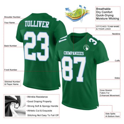 Custom Name and Number Personalized Football Jersey - Kelly Green, White, Light Blue Mesh, Authentic Team Jersey Personalized