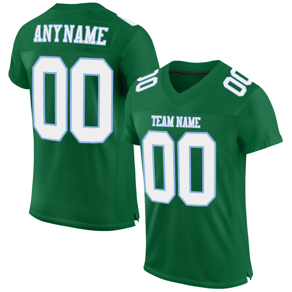 Custom Name and Number Personalized Football Jersey - Kelly Green, White, Light Blue Mesh, Authentic Team Jersey Personalized
