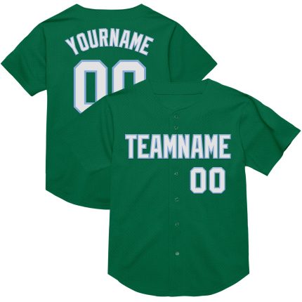 Personalized Authentic Baseball Jersey in Kelly Green, White & Light Blue Mesh - Throwback Style Personalized Kelly Green