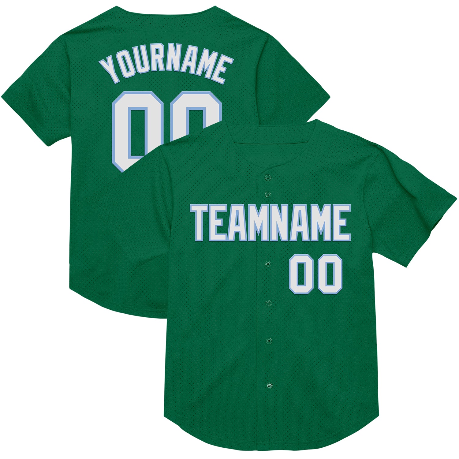 Personalized Authentic Baseball Jersey in Kelly Green, White & Light Blue Mesh - Throwback Style Personalized Kelly Green