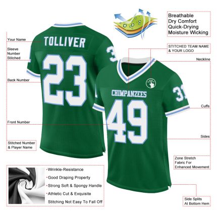 Custom Name and Number Authentic Throwback Football Jersey - Kelly Green White Light Blue Mesh Personalized Kelly Green White-Light