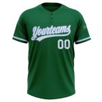 Personalized Unisex Softball Jersey in Kelly Green and White-Light Blue, Two-Button Style Personalized Kelly Green White-Light