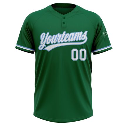 Personalized Unisex Softball Jersey in Kelly Green and White-Light Blue, Two-Button Style Personalized Kelly Green White-Light