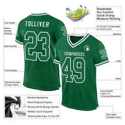 Custom Authentic Throwback Football Jersey with Personalized Name & Number in Kelly Green & White Mesh Personalized Kelly