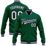 Custom Team Bomber Jacket with Name and Number - Personalized Kelly Green and White-Navy Varsity Letterman Full-Snap Jacket