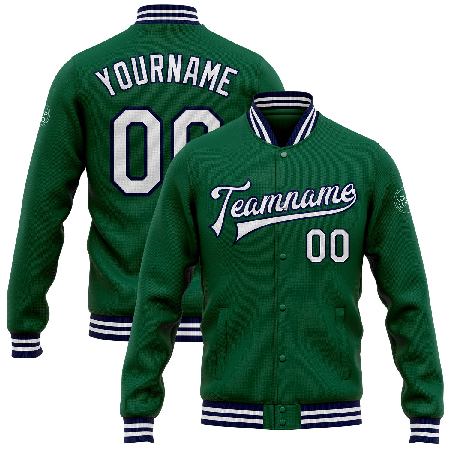 Custom Team Bomber Jacket with Name and Number - Personalized Kelly Green and White-Navy Varsity Letterman Full-Snap Jacket