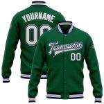 Custom Name Number Varsity Letterman Jacket Kelly Green White Navy Gray Bomber Full-Snap - Personalized Team Apparel Personalized