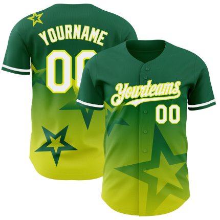Custom Baseball Jersey with Name and Number - Personalized Kelly Green, Neon Yellow 3D Star Pattern Design Personalized Kelly