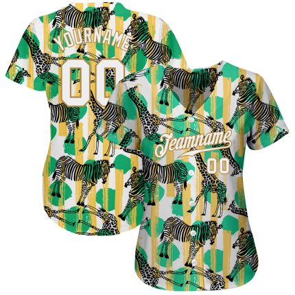 Personalized 3D Pattern Zebras Giraffes Baseball Jersey - Kelly Green White Old Gold Authentic Design Personalized Kelly