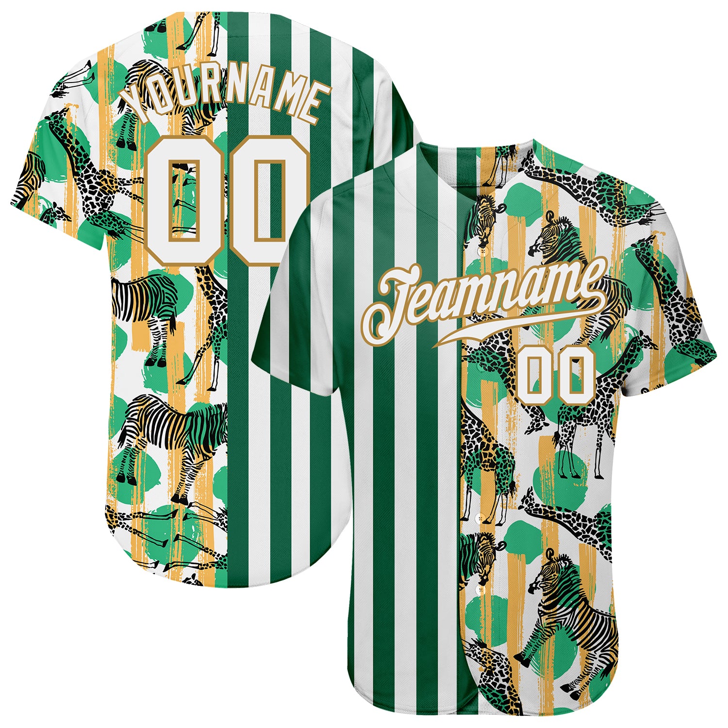 Custom Name Number Baseball Jersey with 3D Pattern Design Zebras Giraffes - Personalized Kelly Green White Old Gold Personalized