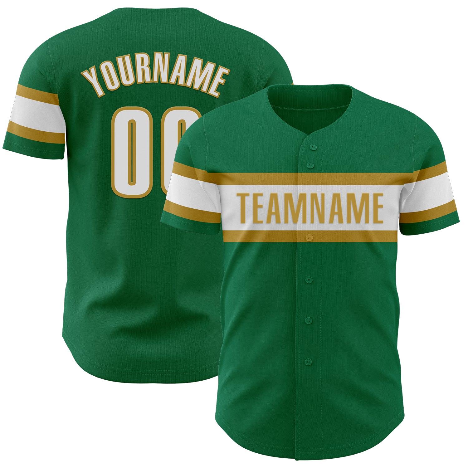 Personalized Kelly Green Authentic Baseball Jersey with White and Old Gold Trim Personalized Kelly Green White-Old Gold Authentic