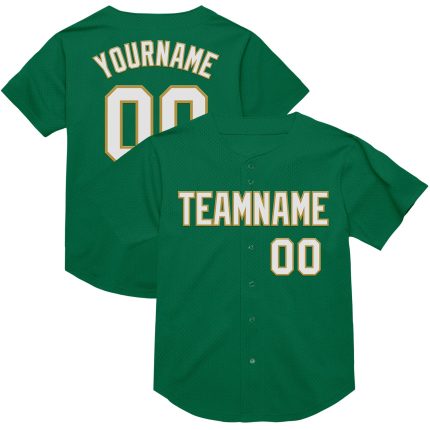 Custom Name and Number Mesh Throwback Baseball Jersey in Kelly Green and White-Old Gold - Personalized Team Apparel Personalized