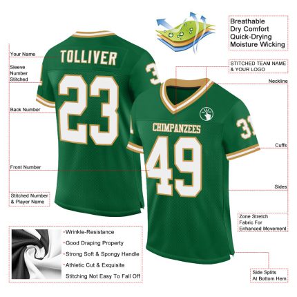 Custom Name and Number Personalized Football Jersey in Kelly Green, White, and Old Gold Mesh - Authentic Throwback Style