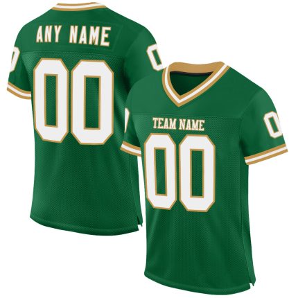 Custom Name and Number Personalized Football Jersey in Kelly Green, White, and Old Gold Mesh - Authentic Throwback Style