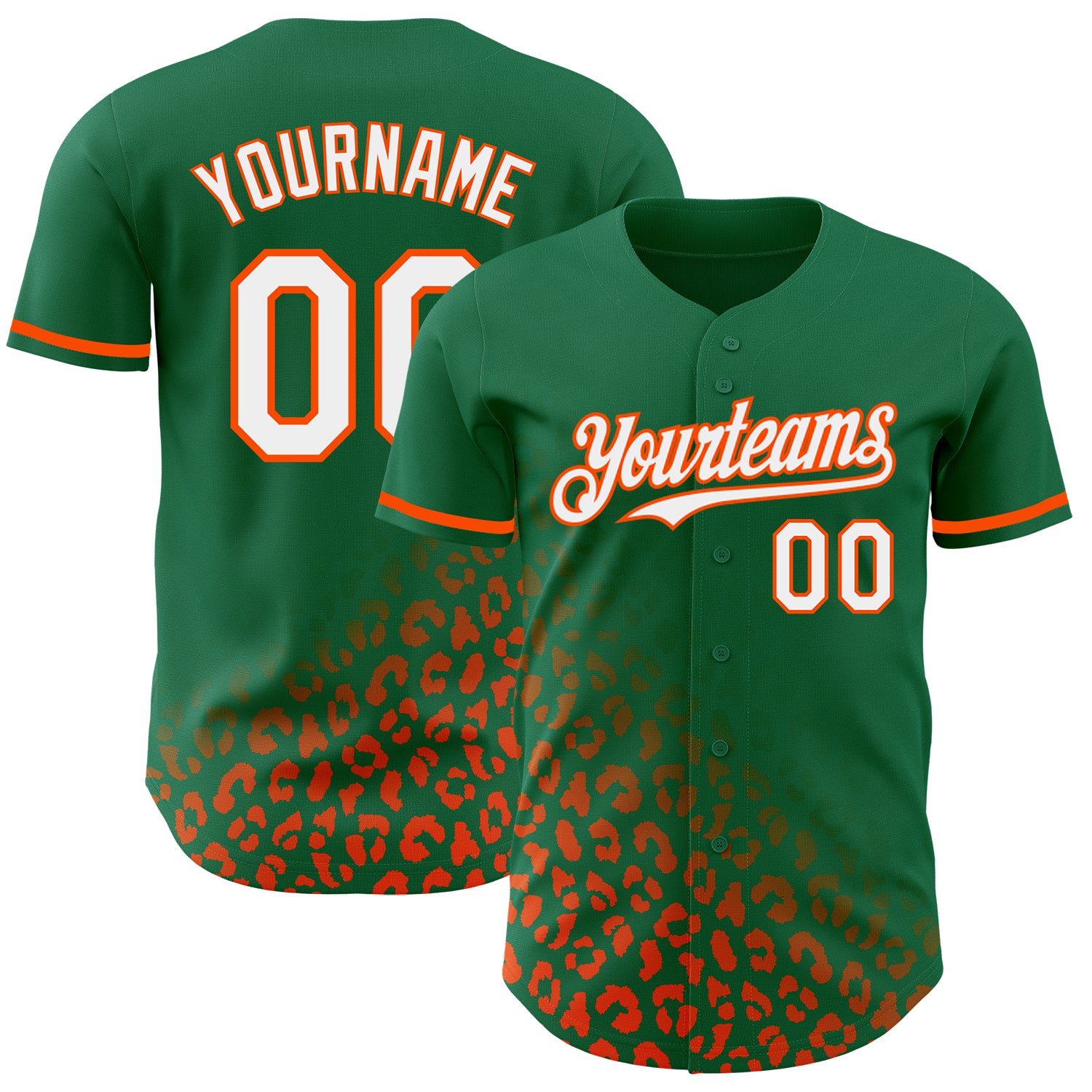 Custom Leopard Print Baseball Jersey with 3D Pattern - Personalized Kelly Green & White-Orange Team Name and Number Personalized