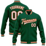 Custom Team Name Number Kelly Green White-Orange Varsity Letterman Bomber Jacket Full-Snap Personalized Personalized Kelly
