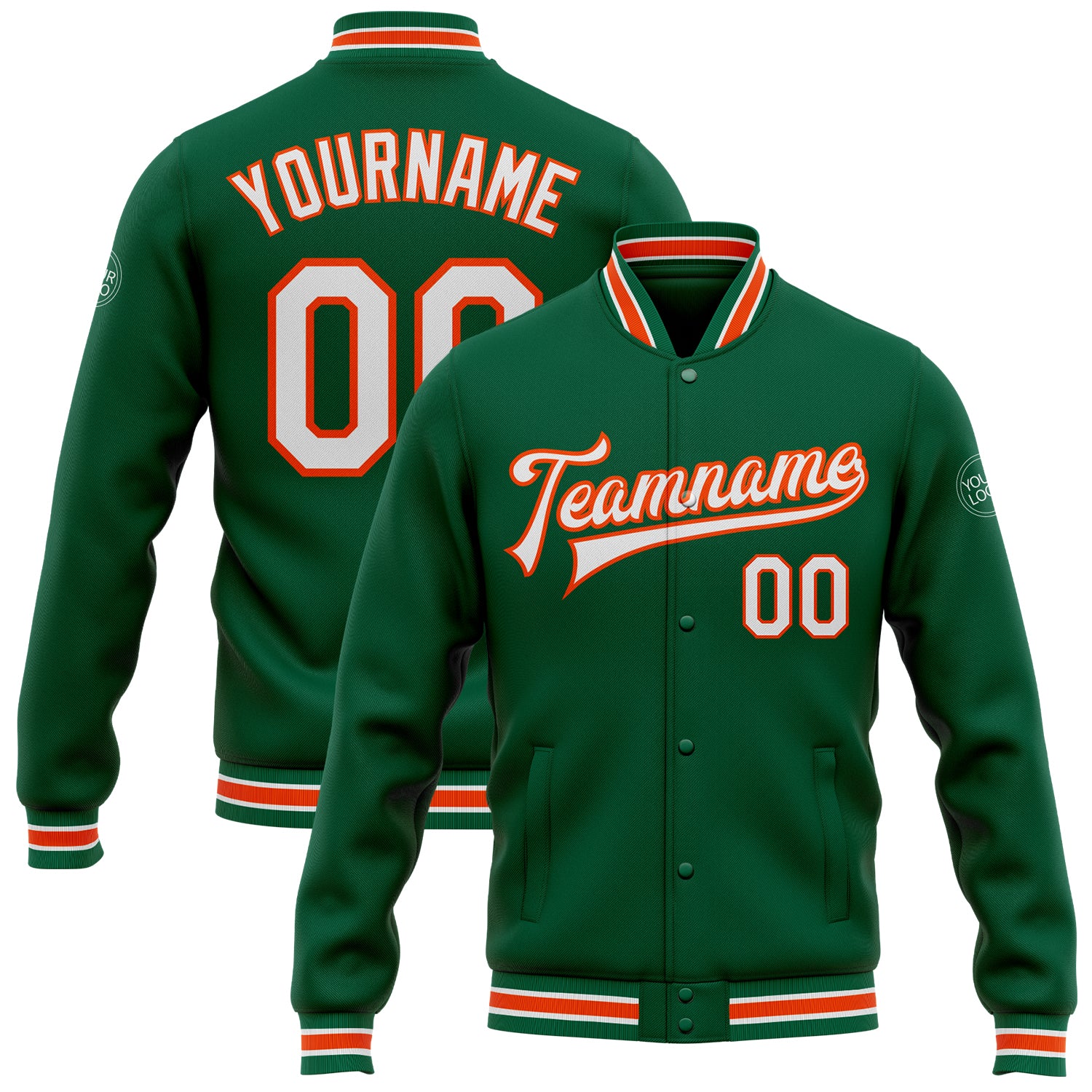 Custom Team Name Number Kelly Green White-Orange Varsity Letterman Bomber Jacket Full-Snap Personalized Personalized Kelly