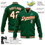 Custom Team Name Number Kelly Green White-Orange Varsity Letterman Bomber Jacket Full-Snap Personalized Personalized Kelly
