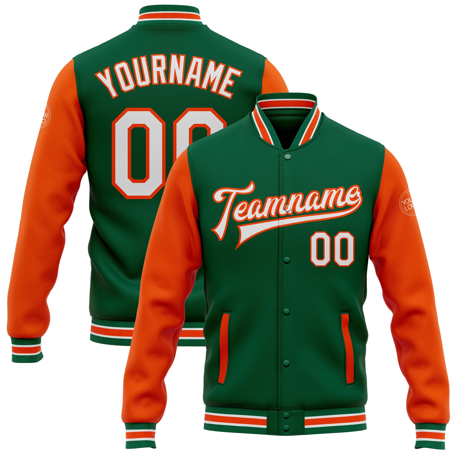 Custom Name Number Two Tone Bomber Varsity Letterman Jacket Kelly Green White Orange Full-Snap Team Apparel Personalized