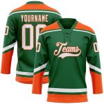 Custom Name & Number Hockey Jersey in Kelly Green, White & Orange Lace Neck - Personalized Team Apparel Personalized Kelly