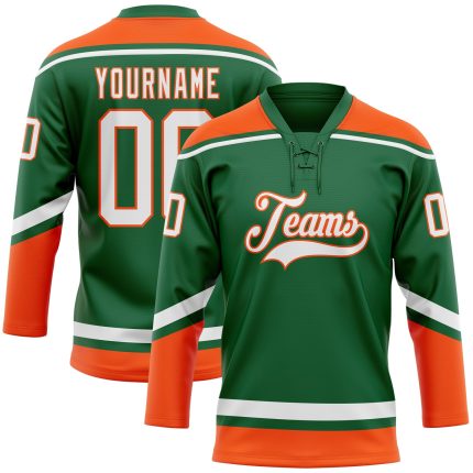 Custom Name & Number Hockey Jersey in Kelly Green, White & Orange Lace Neck - Personalized Team Apparel Personalized Kelly