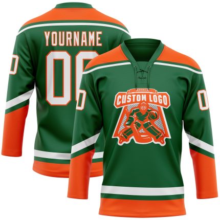 Custom Name & Number Hockey Jersey in Kelly Green, White & Orange Lace Neck - Personalized Team Apparel Personalized Kelly