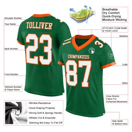 Customized Kelly Green White-Orange Mesh Football Jersey with Team Name and Number - Authentic Design Personalized Kelly