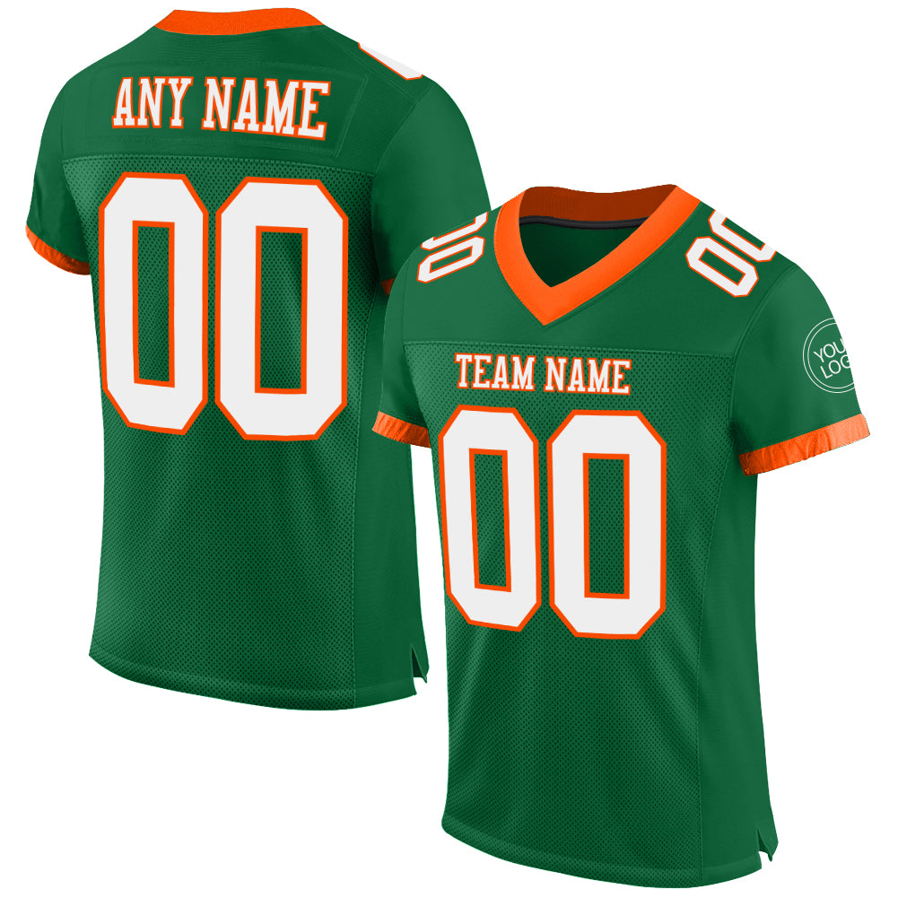 Customized Kelly Green White-Orange Mesh Football Jersey with Team Name and Number - Authentic Design Personalized Kelly
