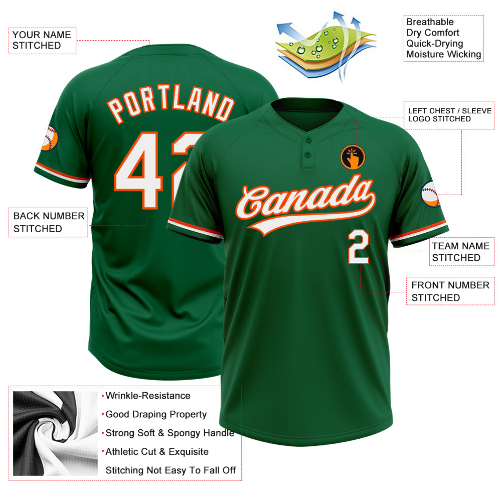 Personalized Kelly Green White-Orange Two-Button Unisex Softball Jersey Team Custom Name and Number Custom Name Number Unisex Softball Jersey - Kelly Green White-Orange Two-Button Design for Team Use Personalized Kelly Green - Image 3