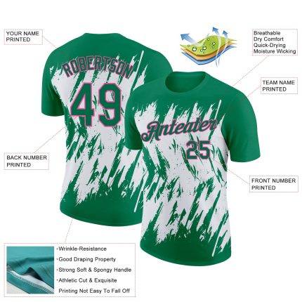 Custom Name and Number Performance T-Shirt - 3D Pattern Design in Kelly Green, White, and Pink Abstract Sharp Shape Personalized