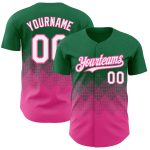 Personalized Authentic Baseball Jersey with Custom Name and Number, Kelly Green White-Pink 3D Gradient Square Pattern Design