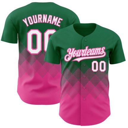 Personalized Authentic Baseball Jersey with Custom Name and Number, Kelly Green White-Pink 3D Gradient Square Pattern Design