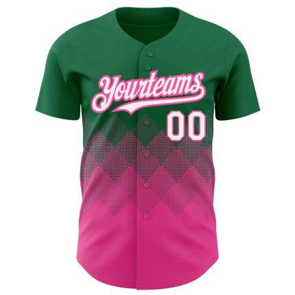 Personalized Authentic Baseball Jersey with Custom Name and Number, Kelly Green White-Pink 3D Gradient Square Pattern Design