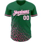 Custom Leopard Print Fade Baseball Jersey with 3D Pattern - Authentic Team Baseball Jersey in Kelly Green White-Pink Personalized