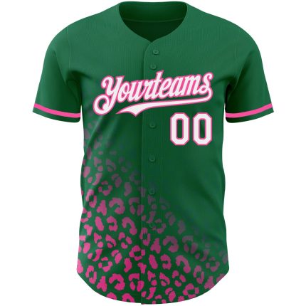Custom Leopard Print Fade Baseball Jersey with 3D Pattern - Authentic Team Baseball Jersey in Kelly Green White-Pink Personalized