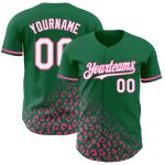Custom Leopard Print Fade Baseball Jersey with 3D Pattern - Authentic Team Baseball Jersey in Kelly Green White-Pink Personalized